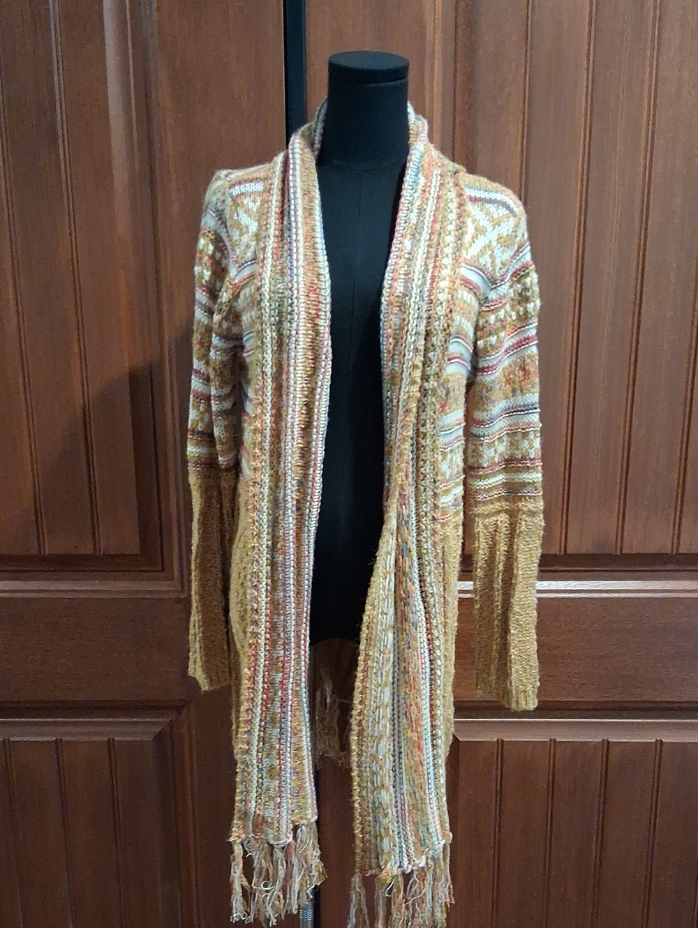 ADORA Multicolor Rust and Mustard Open-Front Fringe Cardigan